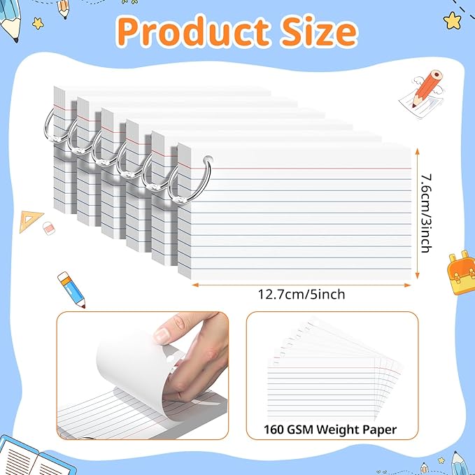 Index Cards 3x5 Inches, 300 PCS, White Flash Cards With Ring, Punched Lined Study Card Ruled Flashcards Notecards, Ruled Front And Blank Back, Note Card for School, College And Home