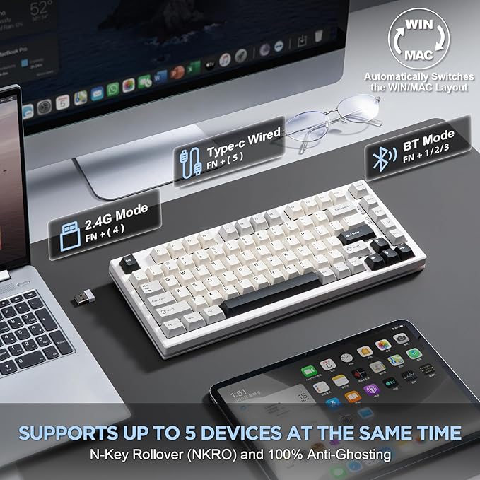 YUNZII YZ75 75% Hot Swappable Wireless Gaming Mechanical Keyboard, RGB Backlights, BT5.0/2.4G/USB-C, Dye Sub PBT Keycaps for Linux/Win/Mac(Gateron G Pro Red, White)