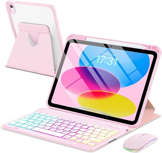 Case with Keyboard Mouse for iPad A16 11th 10th Generation 11/10.9 inch,Rainbow Backlit Detachable Keypad Rotatable Magnetic Cover with Pencil Holder for iPad 11 2025 10 Gen 2022 Pink