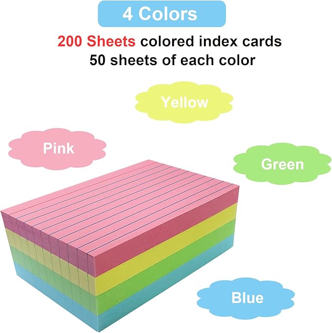 200 Sheets Colored Index Cards 3x5 Ruled, Thick Flash Cards for Studying, 3x5 Note Cards with Lined Plain Sides, Colorful Notecards Flashcards for School Office Home (4 Colors, 50 Sheets per Color)