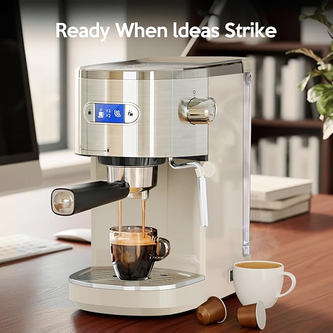 20 Bar Espresso Machine Semi-Automatic, Professional Coffee Maker with Milk Frother Steam Wand & 45OZ Removable Water Tank, Home Barista System for Cappuccino, Latte, Americano-Stainless Steel-White