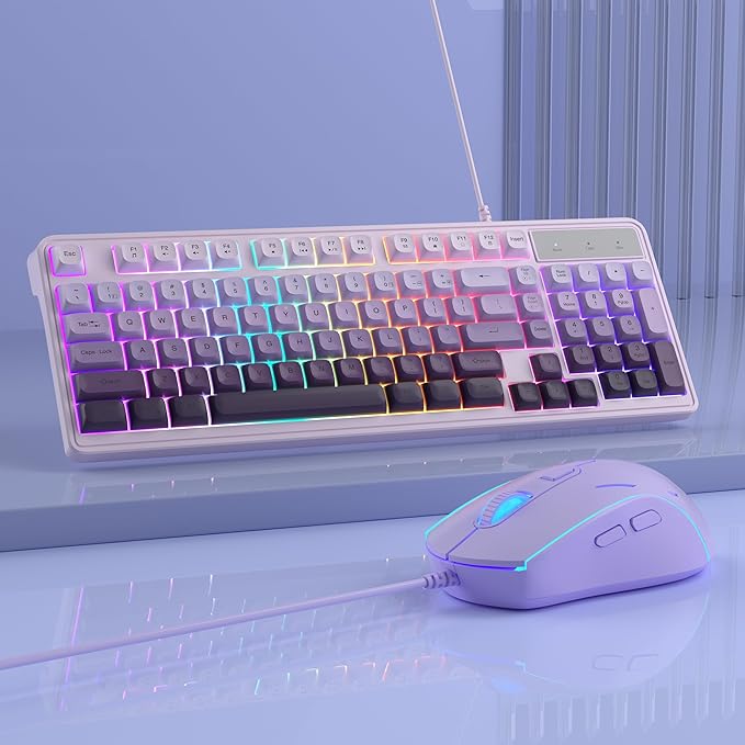 MageGee Gradient Purple Creamy Keyboard and Mouse Combo,MageGee GK980 Wired RGB Backlit Keyboard and Gradient Purple Gaming Mouse Combo,PC Keyboard and Adjustable Sensitivity Mouse for PC/loptop/MAC