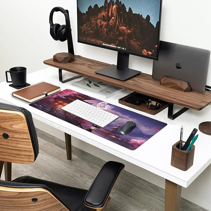Desk Mat,Pagoda with Cherry Blossoms Large Gaming Mouse Pad for Desk XL,Moon Cherry Blossoms Desk Pad,Extended Big Computer Keyboard Mouse Pad with Non-Slip Base Stitched Edges 31.5"x11.8"