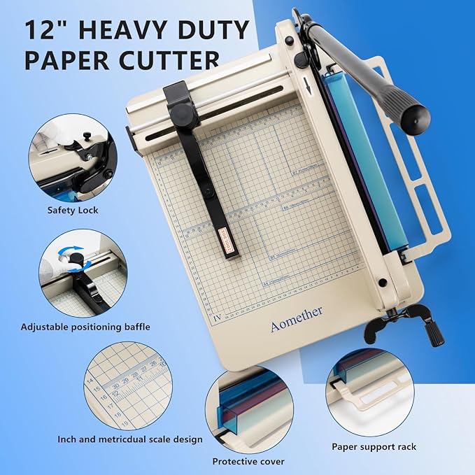 12" Heavy Duty Guillotine Paper Cutter - 400 Sheet Precision Cutting, Safety Lock Blade & Rapid Stack Processing for Office/School, Solid Steel Construction