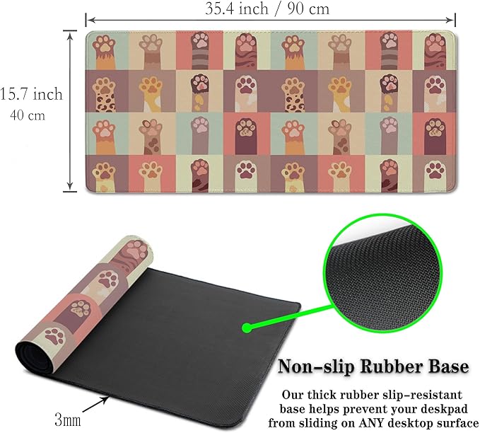 Gaming Desk Mat Cats Paws Computer Desk Accessories for Women Large Mousepads Extended Mouse Pad Keyboard Mouse Pad Waterproof Non-Slip Rubber Base 35.4" X 15.7" for Game Office,