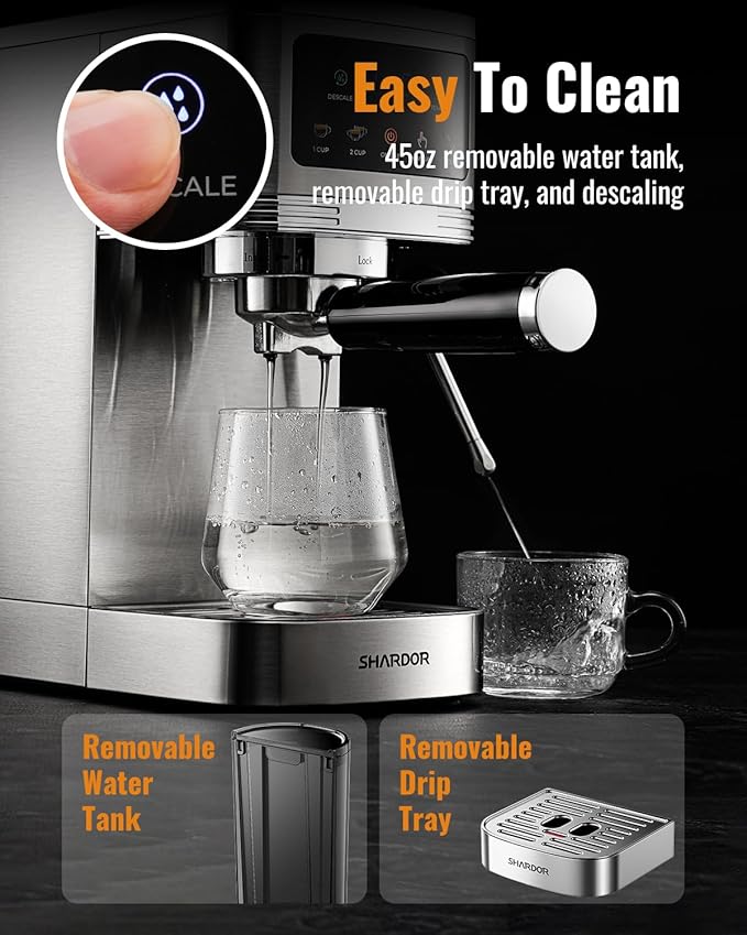 SHARDOR Espresso Machine 20 Bar, Professional Espresso Machine with Milk Frother and Touchscreen, Expresso Coffee Machines with Adjustable Temperature,for Cappuccino, Latte, Stainless Steel, Silver