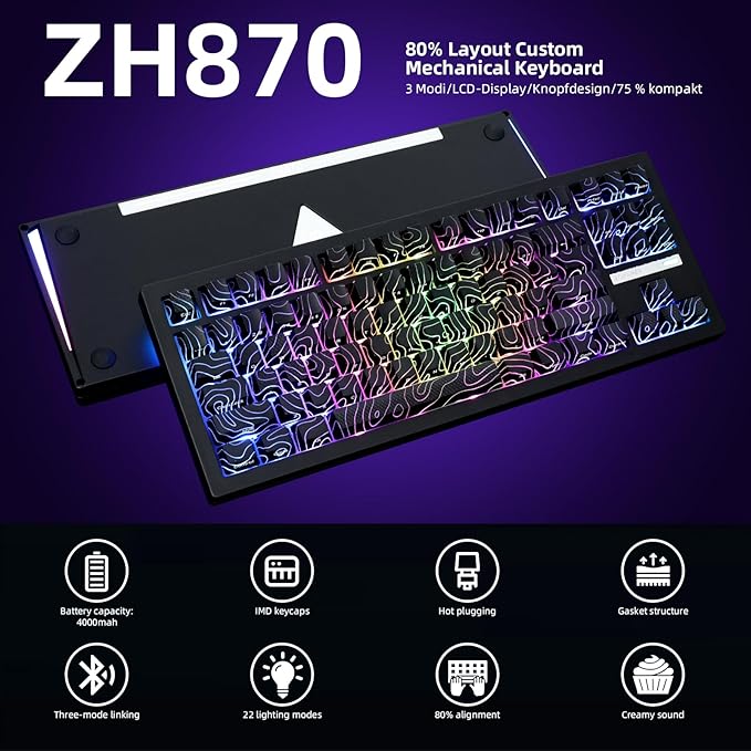ZORNHER ZH870 Wireless Gaming Mechanical Keyboard,80% Black Custom Creamy Sound Keyboard with Lighted Up Black Topographic Keycaps,Creamy Sounding Linear Switches,Hot-Swappable,RGB Backlit