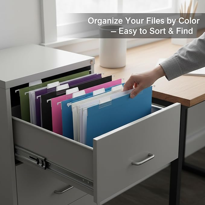 50 Packs Hanging File Folders,Assorted Color Letter Size File Folders with 1/5 Adjustable Cut Tabs for Office/Home/School,Decorative,Drawer,Desk and Cabinet Use(Black,Blue,Pink,Purple,Standard Green)