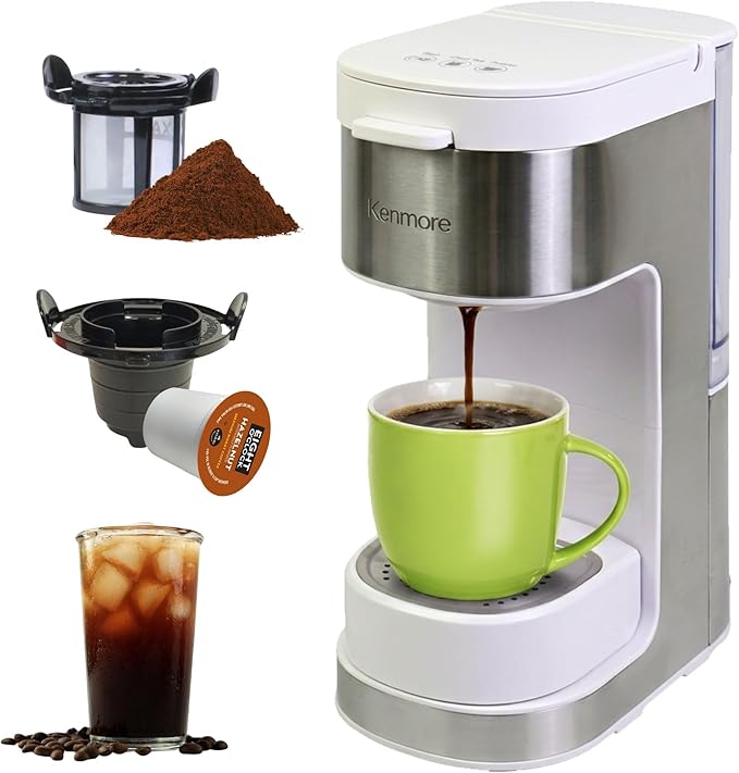 Kenmore Single Serve Coffee Maker – Compatible with Keurig K‑Cup Pods & Ground Coffee, One Cup Brewer, 6–12 Oz Brew Sizes, Travel Mug Friendly, Auto Shut‑Off, Hot & Iced Maquina de cafe, White