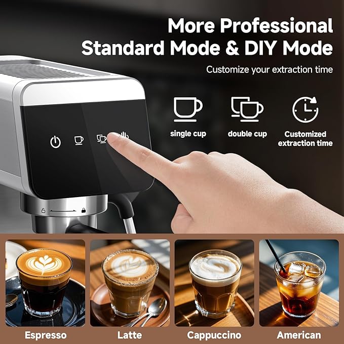 AMZCHEF Espresso Machine 20 Bar, Compact Coffee Maker with LED Touch Screen & Milk Frother, Brushed Stainless Steel Housing Espresso Maker for Home & Office, Coffee Machine for Cappuccino, Latte