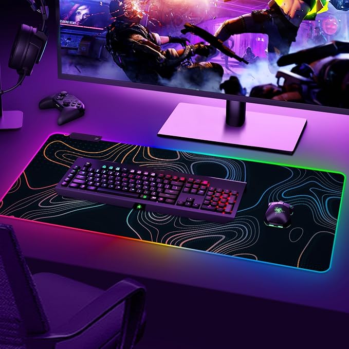 ARTSO RGB Gaming Mouse Pad, Large Extended Soft Led Mouse Pad with 14 Lighting Modes 2 Brightness, Water Resist Keyboard Pad, Computer Mousepads Mat 35.4x15.7inch, Colorful Abstract Lines