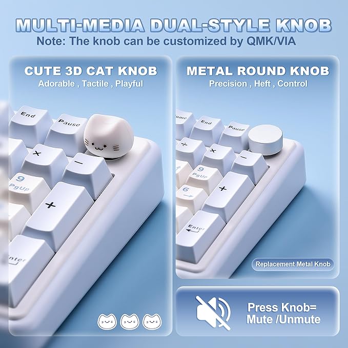 YUNZII B98 PRO QMK/VIA Wireless Mechanical Gaming Keyboard, 96% Layout with Numpad and Cute Cat Knob, BT/2.4G/USB-C, Pre-Lubed Switch Hot Swap Gasket, RGB for Win/Mac (Blue, Candy Linear Switch)