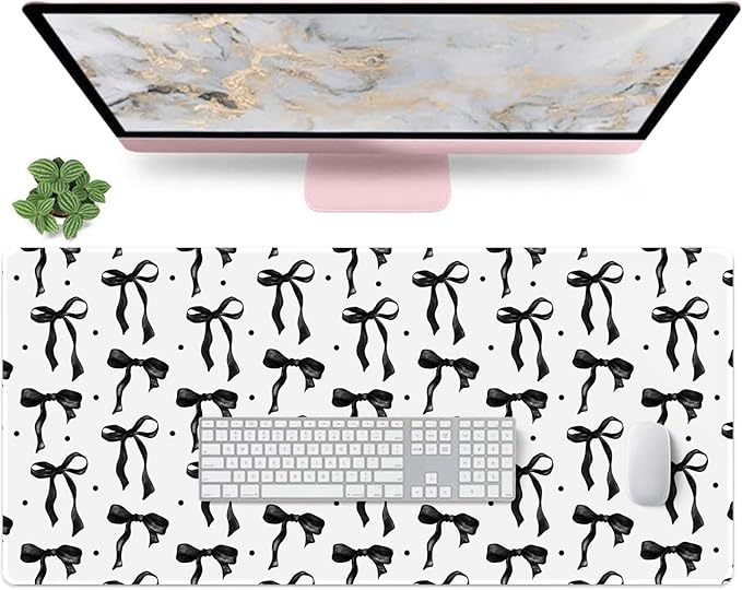 White Mouse Pad with Black Bows, Cute Desk Mat Bow Keyboard Mat for Computer Laptop Non-Slip Rubber Base, Large Office Mat Girly Desktop Décor Accessories Office Supplies for Girls Women 35.4 x 15.7in