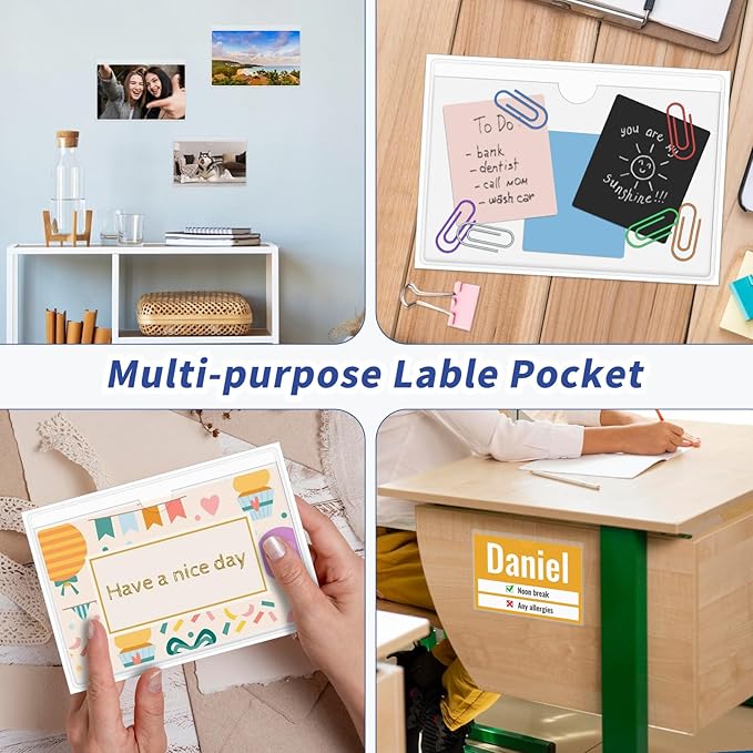 30 Pcs Clear Index Card Pockets, Self-Adhesive Label Pocket for Replaceable Labels with Top Opening, Ideal Index Card Holder for 4x6 Inch Photos, Notes