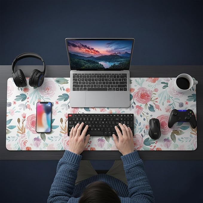 Pink Floral Mouse Pad (31.5 x 11.8 Inch), Large Watercolor Rose Desk Mat, Cute Botanical Pattern with Teal Leaves, Non-Slip Laptop Base, Spring Office Decor