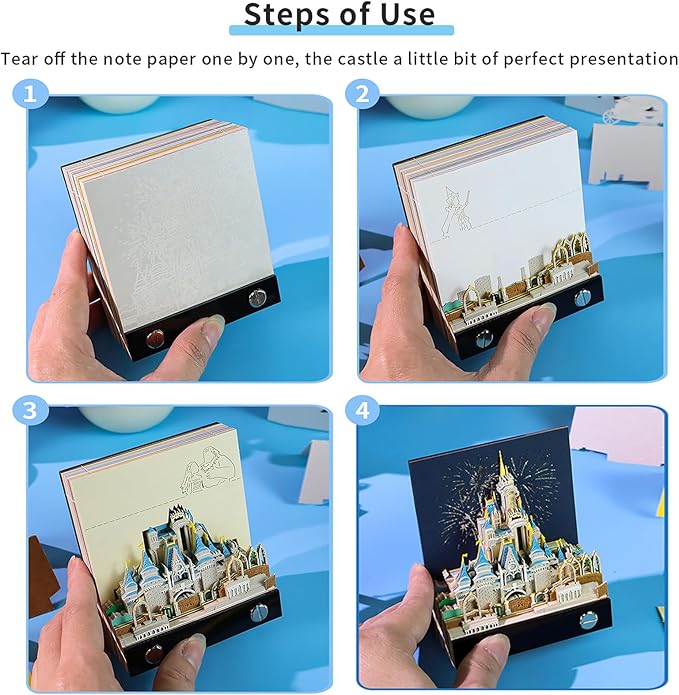 3D Memo Pad Art Sticky Notes, Fantasy Castle 3D Notepad with Light Paper Sculpture Art Multicolor Paper Note with Silhouette DIY Desk Decoration