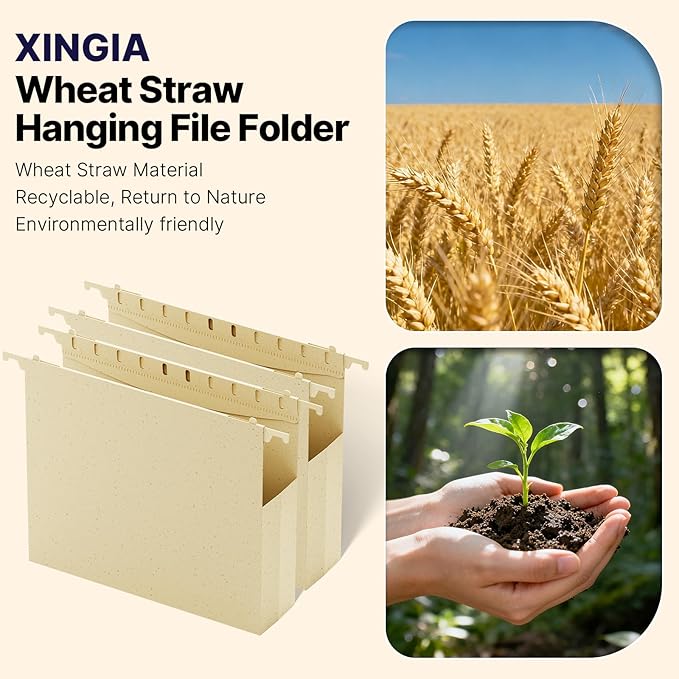 XINGIA Wheat Straw Extra Capacity Hanging File Folder,Letter Size 2 Inch Expanding Plastic File Cabinet Folders,Heavy Duty Hang Folders with Tabs,Accordian Pocket for File Frame Box(Morandi Yellow)