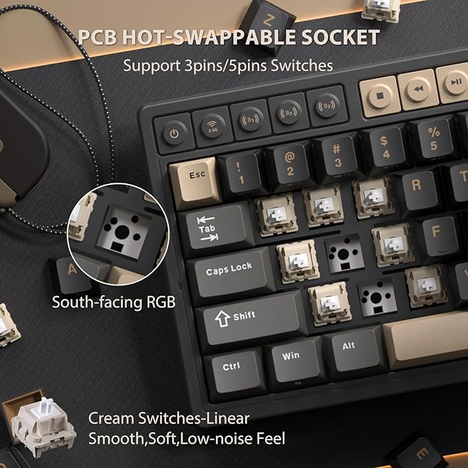 RK ROYAL KLUDGE M65 Wireless Gaming Keyboard with Volume Knob, 60% Hot Swappable Mechanical Keyboard 2.4G/BT/USB-C, Gasket Mount, Battery Display, PBT Keycaps, Hot-Swappable Cream Switch, Black