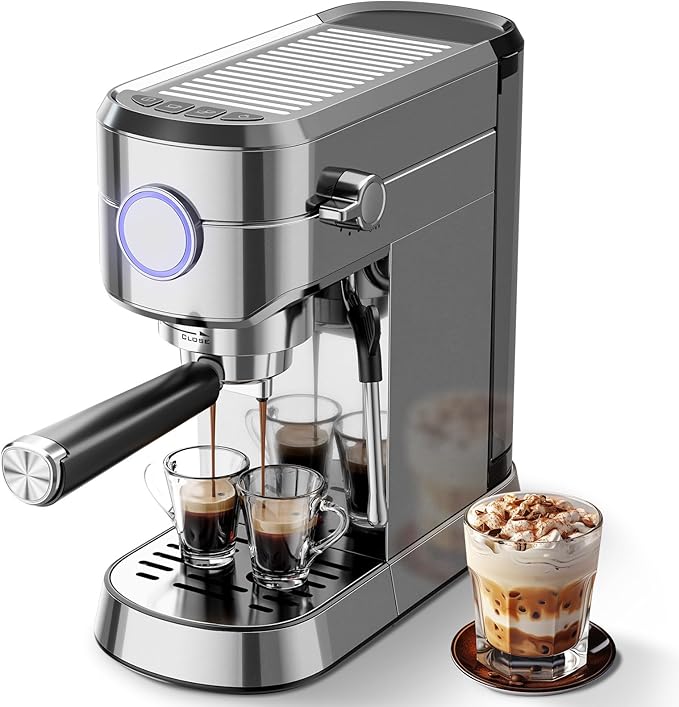 Crzoe 20 Bar Expresso Coffee Machines, Compact 1350W Espresso Machine with Milk Frother, Stainless Steel Cappuccino Machine with Fast Heating System, 1.2L Removable Water Tank, for Home&Office