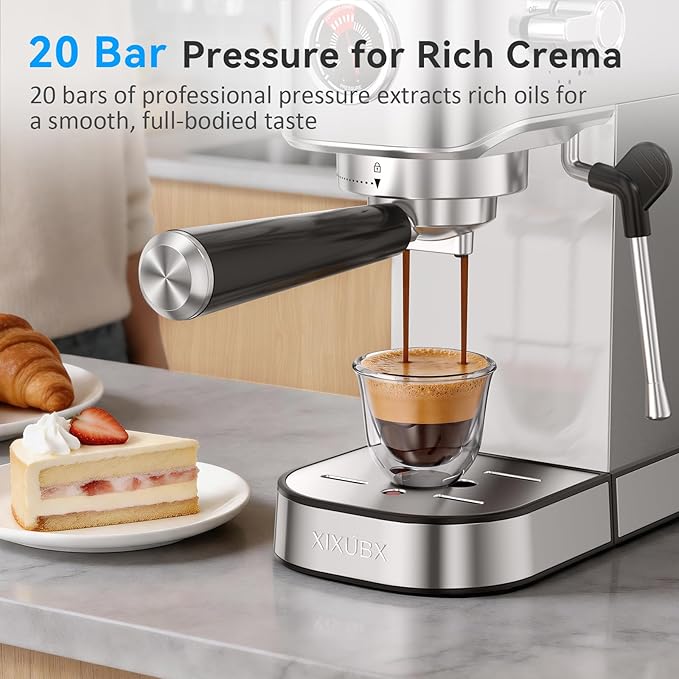XIXUBX 20 Bar Espresso Machine, Compact Stainless Steel Espresso Maker with Milk Frother and Milk Frothing Pitcher, Coffee Machine for Cappuccino and Latte, 42 oz Water Tank for Home, Office, Silver