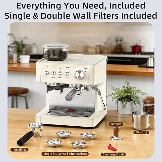(2026 Upgrade) 15 Bar Espresso Machine with Built-in Anti-Clog Coffee Grinder, Expresso Coffee Machines with Milk Steam Wand/Frother/Tamping Tools,Espresso Maker with Grinder for Lattes-Almond