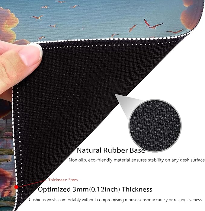 Flamingo Anti-Slip Gaming & Office Mouse Pad with Stitched Edges 9.5 x 7.9 Inch, Blush Tone Atmosphere of Dreamy Lake and Exotic Birds Under Cloudy Sky Durable Smooth Surface Desk Mat