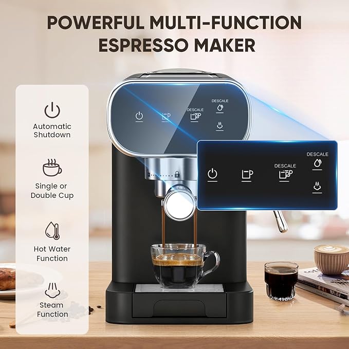 Horavie 20 Bar Espresso Machine with Milk Frother, Home Espresso Coffee Maker with Touchscreen, Fast Heat-Up Coffee Machine with 48oz Removable Tank for Cappuccino, Latte, Americano, Black