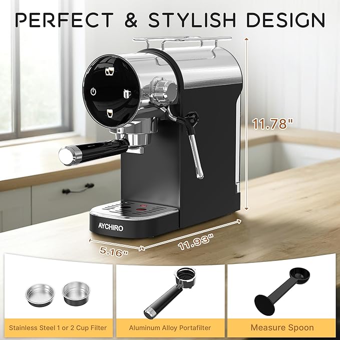 AYCHIRO Semi-Automatic Espresso Machine with Milk Frother, 20 Bar Espresso Coffee Machine, Espresso Maker with Removable Water Tank & Drip Tray, Compact for Home Latte Cappuccino