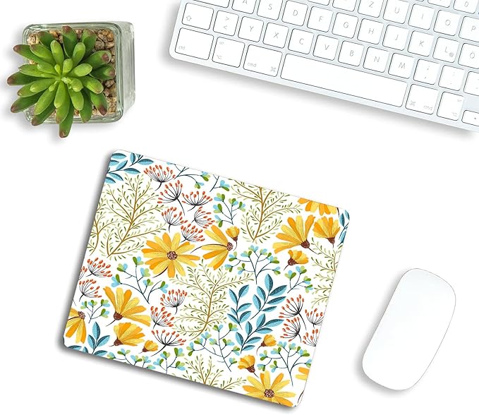 Floral Mouse Pad,Decorative Colorful Flowers Blue Leaves Mouse Pad, Washable Square Cloth Mousepad for Office Laptop, Non-Slip Rubber Base Mouse Pads for Wireless Mouse 9.5x7.9x0.12 Inch