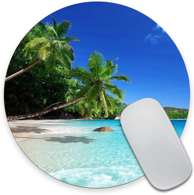 Tropical Paradise Sunshine Beach Coast Sea Palm Trees Mousepad,Custom Round Mouse Pad 7.9 x 7.9 x 0.12 Inch