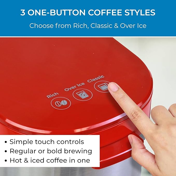 Kenmore Single Serve Coffee Maker – Compatible with Keurig K‑Cup Pods & Ground Coffee, One Cup Brewer, 6–12 Oz Brew Sizes, Travel Mug Friendly, Auto Shut‑Off, Hot & Iced Maquina de cafe, Red