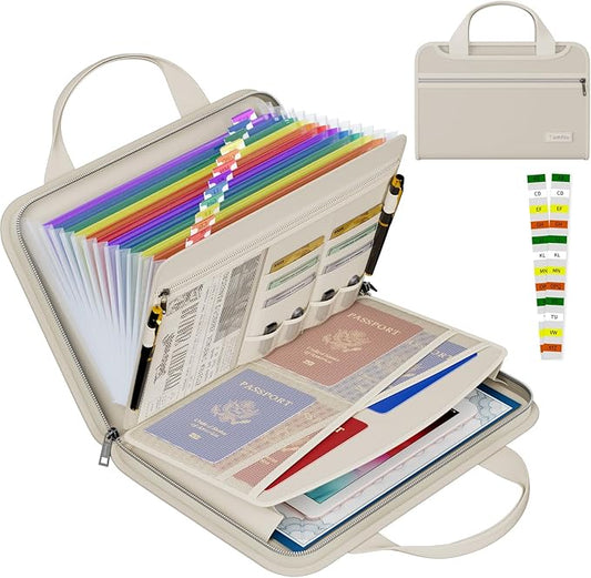 Waterproof Fireproof Accordion File Organizer with 13 Pocket Expanding File Folder for Letter A4 Files (Colorful, Pockets, Beige with Handle)