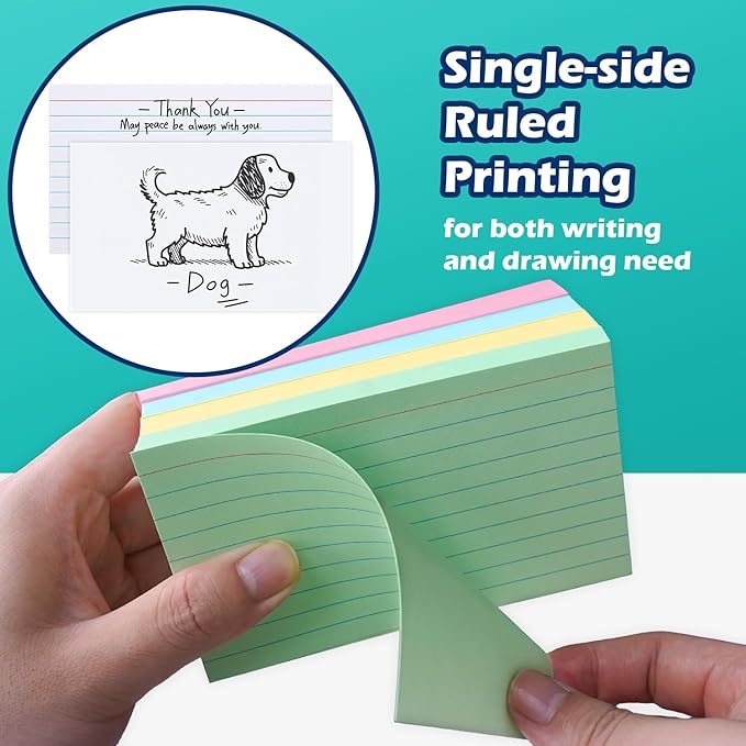 Colored Lined Index Cards 3x5 Ruled Note Cards 200 Count, Pastel Pink Green Yellow Blue, Assorted Colors