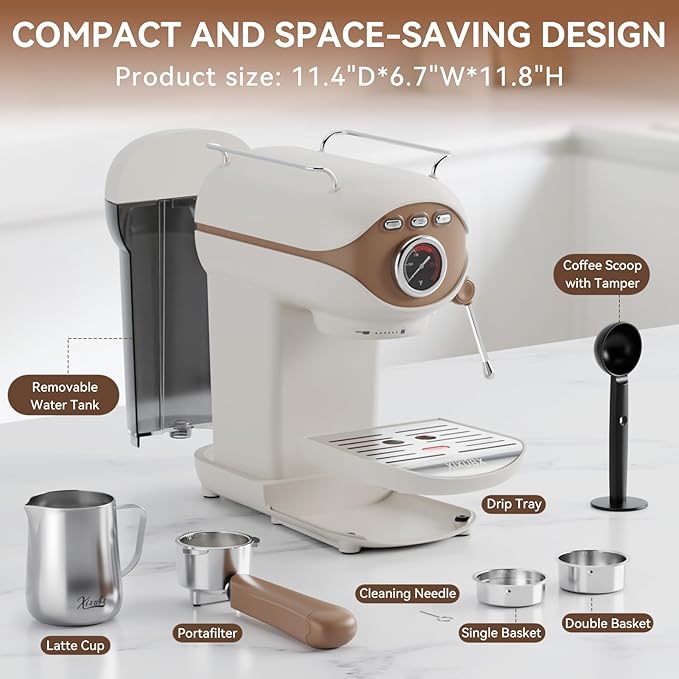 XIXUBX Espresso Machine, 20Bar Compact Espresso Maker with Milk Frother, PID Temperature Control, Low Vibration Coffee Maker for Small Kitchen, Home, Brews Latte, Cappuccino