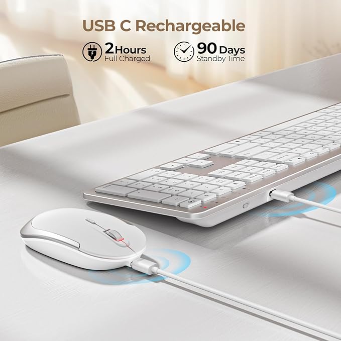 seenda Wireless Keyboard and Mouse Combo, Rechargeable Quiet Keyboard Mouse, Sleek and Ultra Thin Design, Full-Size with Number Pad for Windows, Laptop, PC, Notebook, Desktop- Silver and White