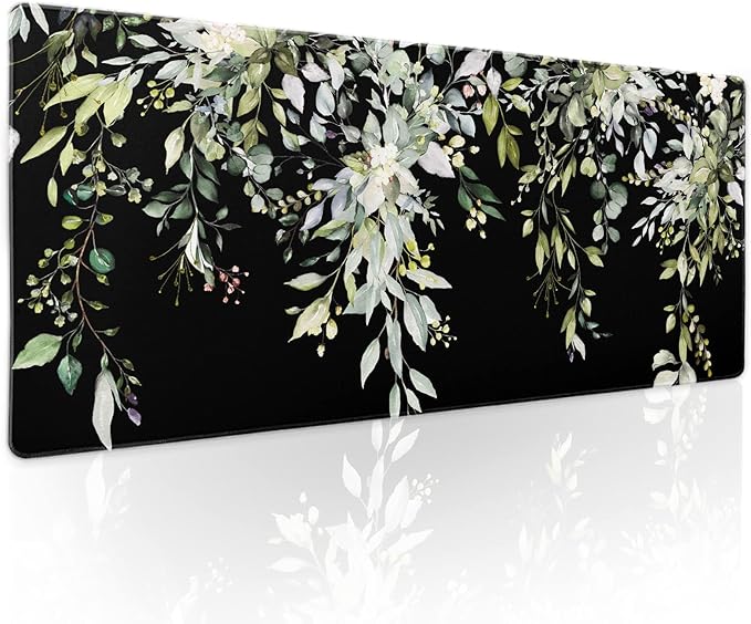 aportt Sage Green Leaves Gaming Mouse Pad XL Spring Summer Floral Extended Large Desk Mat Black Big Mousepad Non-Slip Rubber Base Stitched Edge Long for Desktop Office Computer Gamer,31.5×11.8 in