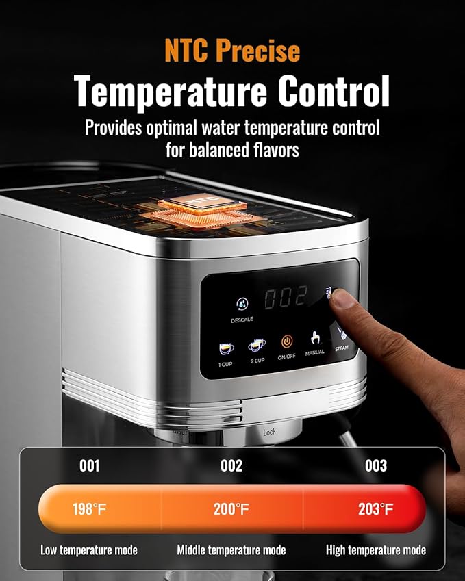 SHARDOR Espresso Machine 20 Bar, Professional Espresso Machine with Milk Frother and Touchscreen, Expresso Coffee Machines with Adjustable Temperature,for Cappuccino, Latte, Stainless Steel, Silver
