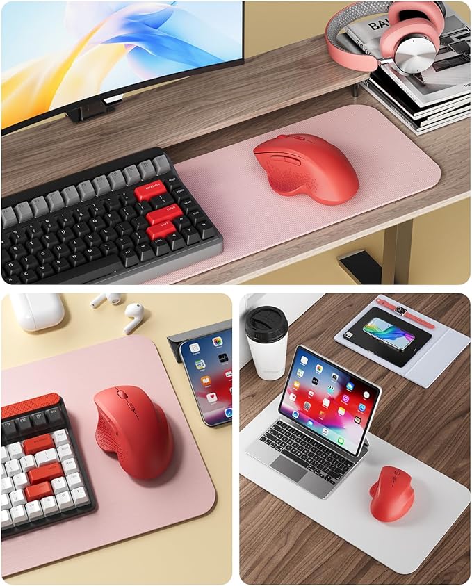 Uiosmuph G09 Bluetooth Wireless Mouse, BT5.1 & 2.4Ghz Rechargeable Computer Mouse with USB Receiver and Type C Adapter, Ergonomic Bluetooth Mice for Laptop, iPad, Mac - Red