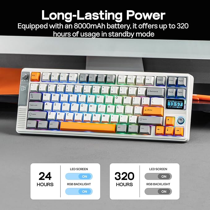 EPOMAKER RT85 Wireless Mechanical Keyboard with Joystick & DIY Screen, 8000mAh, BT/USB/2.4Ghz, Gasket, 5-Layer Paddings, Hot-Swap, PBT Keycap, 75% Gaming Keyboard (Retro White, Wisteria Linear)