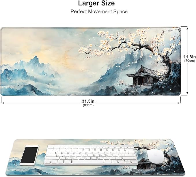 Large Cherry Blossom Japanese Mouse Pad, Desk Mat Computer Keyboard Pad Non-Slip Rubber Base Waterproof with Stitched Edges for Laptop Gaming, Office & Home 31.5 x 11.8 Inch