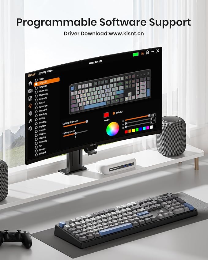 KN104 Wireless Mechanical Gaming Keyboard, 100% Full Size 104 Keys with Number Pad, Custom RGB Backlit, Creamy Sound, Hot Swappable, Bluetooth/2.4GHz/USB-C for Win/Mac/PC (Carbon Black)