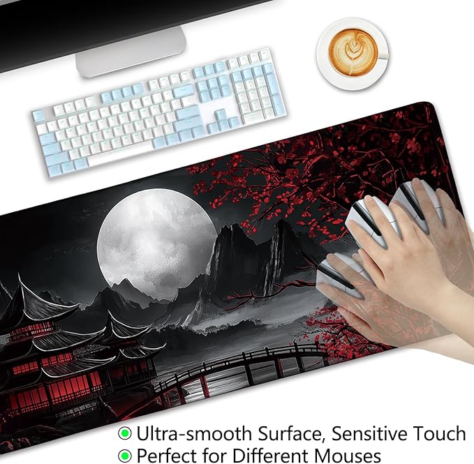 Japanese Mouse Pad Large Gaming Desk Mat, Extended Computer Mousepad with Stitched Edges Non-Slip, XL Keyboard Mouse Pad, Aesthetics Full Moon Home Decor Office Desk Accessories 31.5in