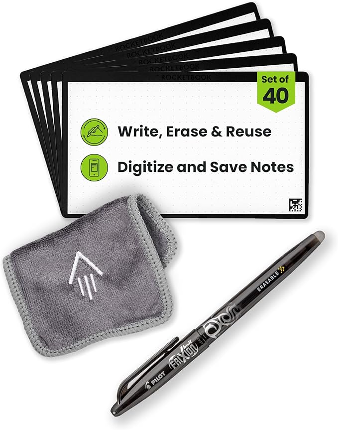 Rocketbook Cloud Cards, Reusable Index Cards, Flashcards, For Study & Presentations 3"x5", With Pen + Towel, Black (Pack of 40)