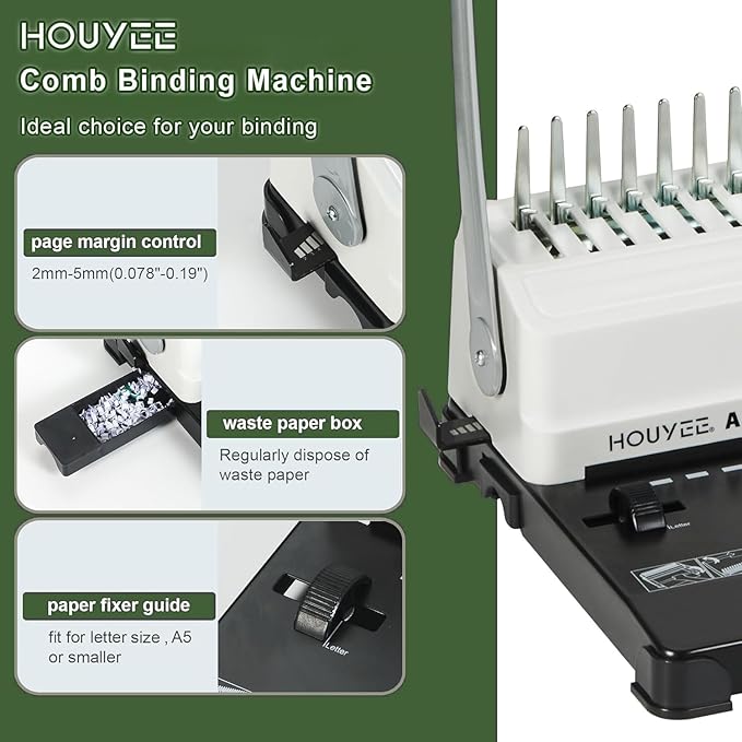 HOUYEE Binding Machine, 19 Holes, 450 Sheets, Comb Binding Machines with 50 PCS 1/2" Comb Binding Spines, Comb Binder Machine for Letter Size Paper，Adjustable Margin