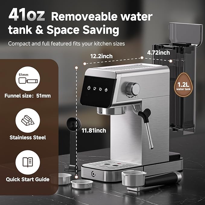 AMZCHEF Espresso Machine 20 Bar, Compact Coffee Maker with LED Touch Screen & Milk Frother, Brushed Stainless Steel Housing Espresso Maker for Home & Office, Coffee Machine for Cappuccino, Latte