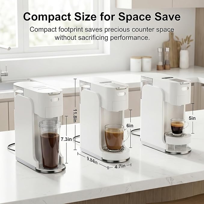 Single-Serve Coffee Maker, 4 in 1 Hot and Iced Coffee Machine, 20-Bar Espresso Coffee Maker for Ground Coffee, K-Cup Pod, NES Original and DG Pod, Customizable Brew Volume, Heats up in 3 seconds