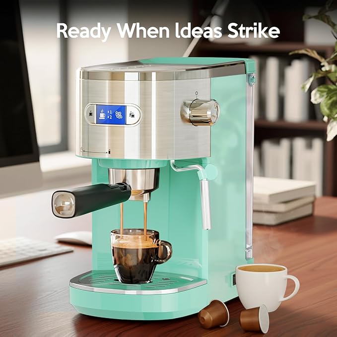 20 Bar Espresso Machine Semi-Automatic, Professional Coffee Maker with Milk Frother Steam Wand & 45OZ Removable Water Tank, Home Barista System for Cappuccino, Latte, Americano-Stainless Steel-Green