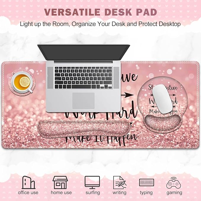 ToLuLu Desk Mat, XXL Large Mouse Pad Wrist Support Set，4 in1 Gaming Mousepad Desk Pad+ Ergonomic Mouse Pad with Wrist Rest + Keyboard Wrist Rest+Coaster for Women Home Office Table, Pink Stay Positive