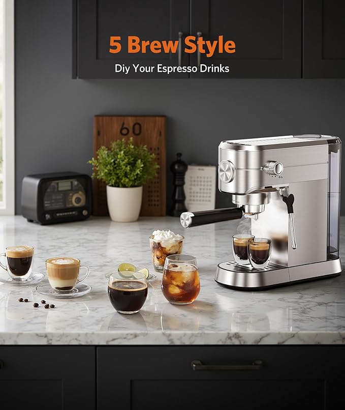 COWSAR Espresso Machine,Expresso Coffee Machines,Espresso Maker with Milk Frother Steam Wand & 40oz Removable Water Tank，Stainless Steel Compact Cappuccino & Latte Machine