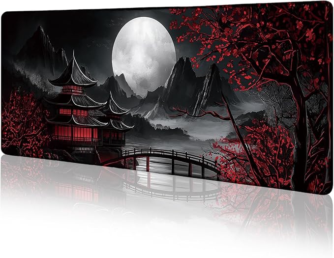 Japanese Mouse Pad Large Gaming Desk Mat, Extended Computer Mousepad with Stitched Edges Non-Slip, XL Keyboard Mouse Pad, Aesthetics Full Moon Home Decor Office Desk Accessories 31.5in